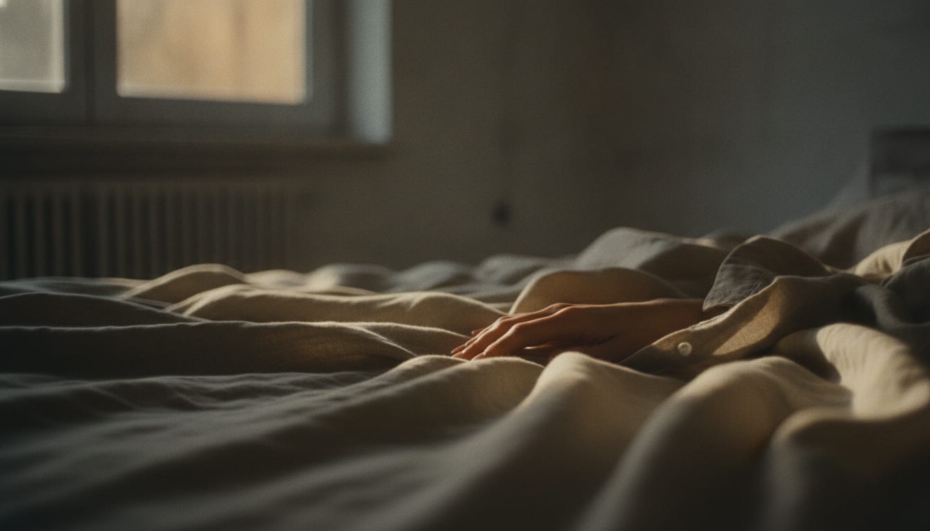 Macro d’un drap de lin froissé dans une lumière d’après-midi rasante
