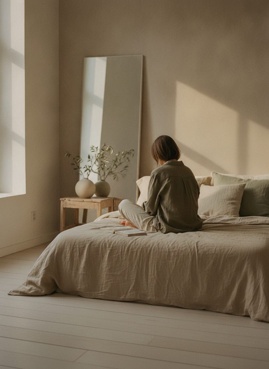 Femme assise au bord d’un lit, vue de dos, chemise ample, lumière douce