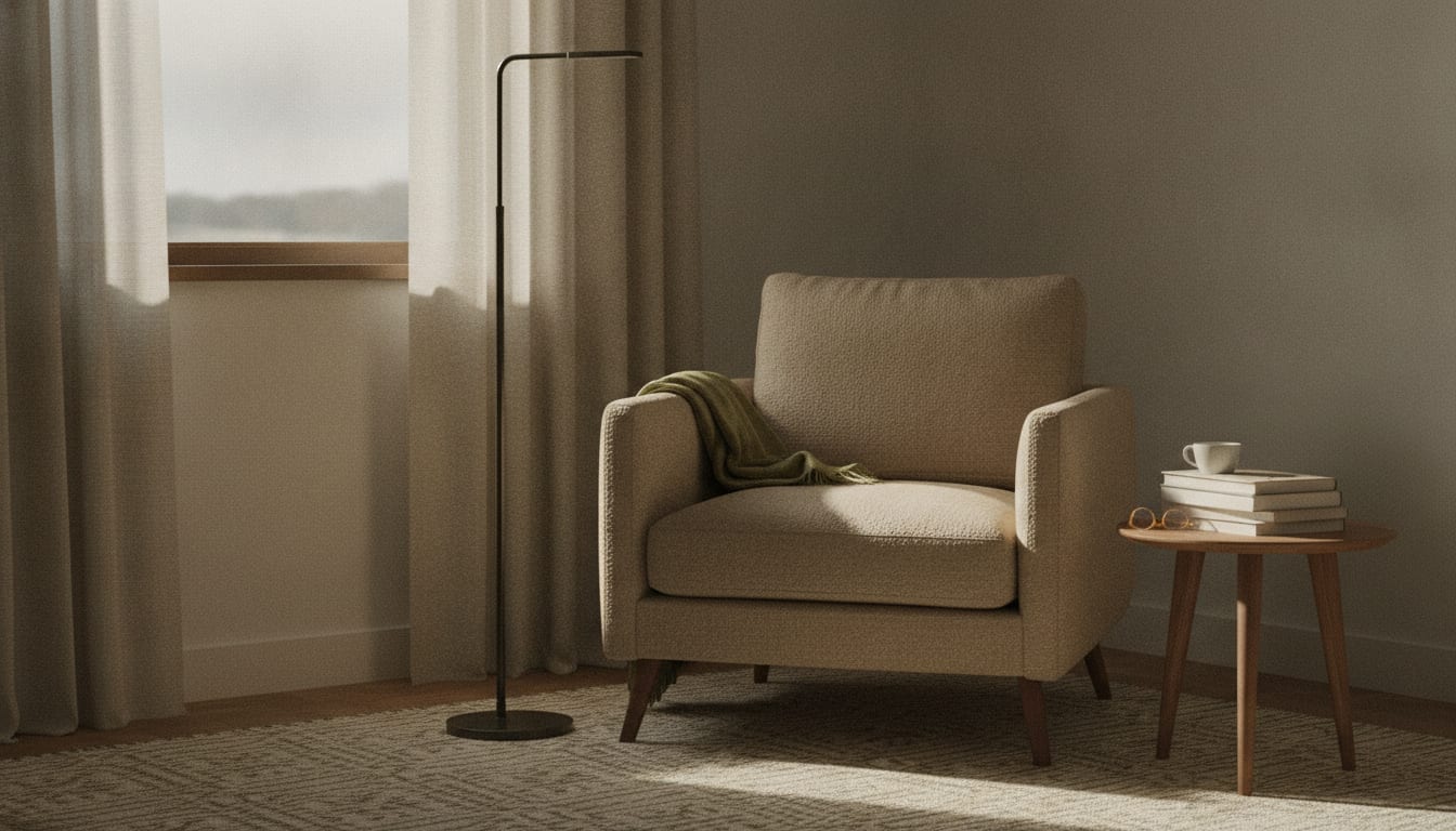 Fauteuil près d’un lampadaire allumé, châle posé sur le dossier