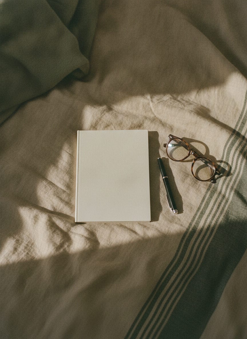 Vue de dessus d’un carnet vierge, d’un stylo et d’une paire de lunettes sur un dessus-de-lit
