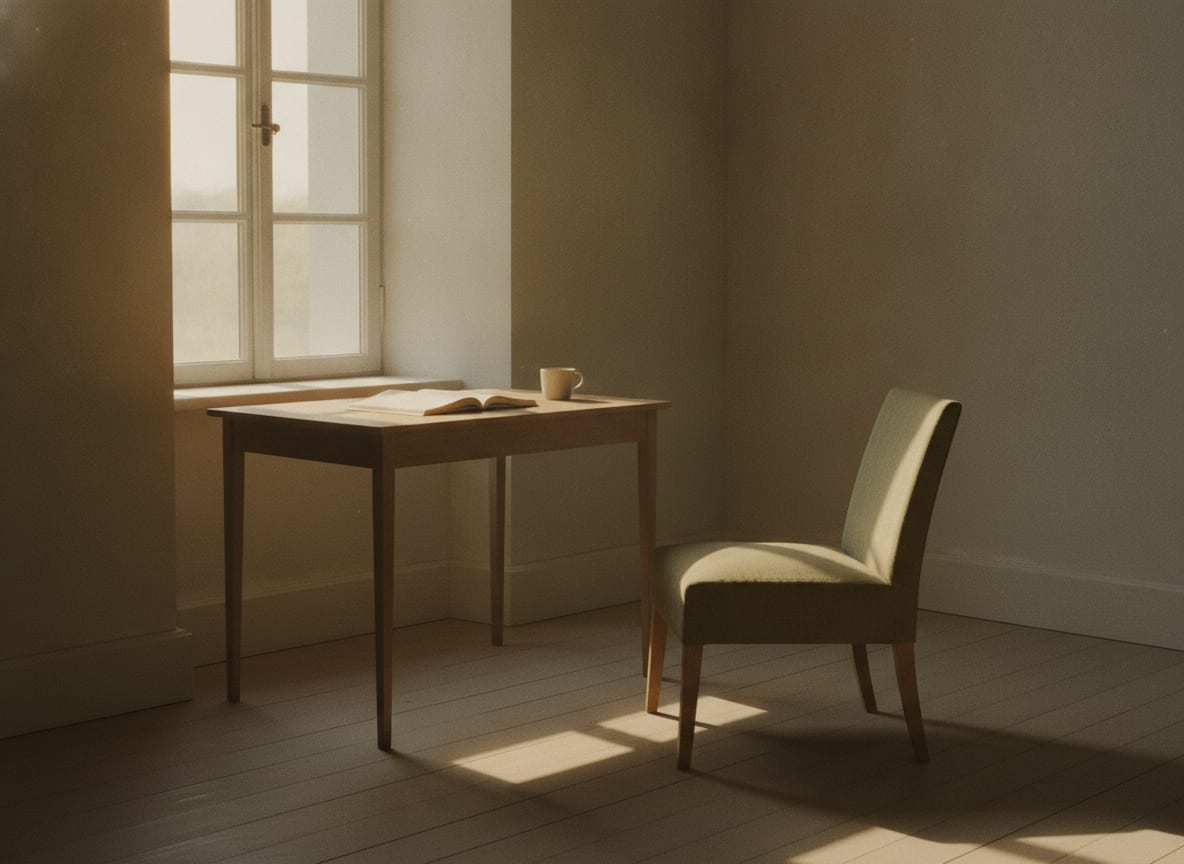 Bureau près d’une fenêtre avec un carnet ouvert vierge et une tasse, lumière de fin d’après-midi